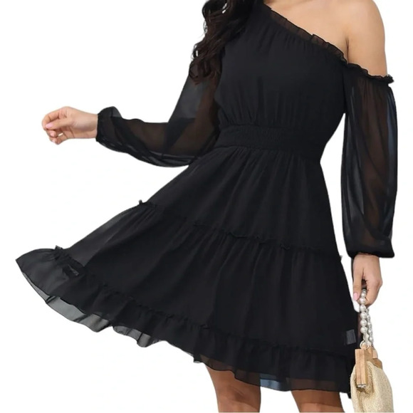 Women's One Shoulder Floral Dress Smocked Waist Tiered Mini Dress - Picture 2 of 7